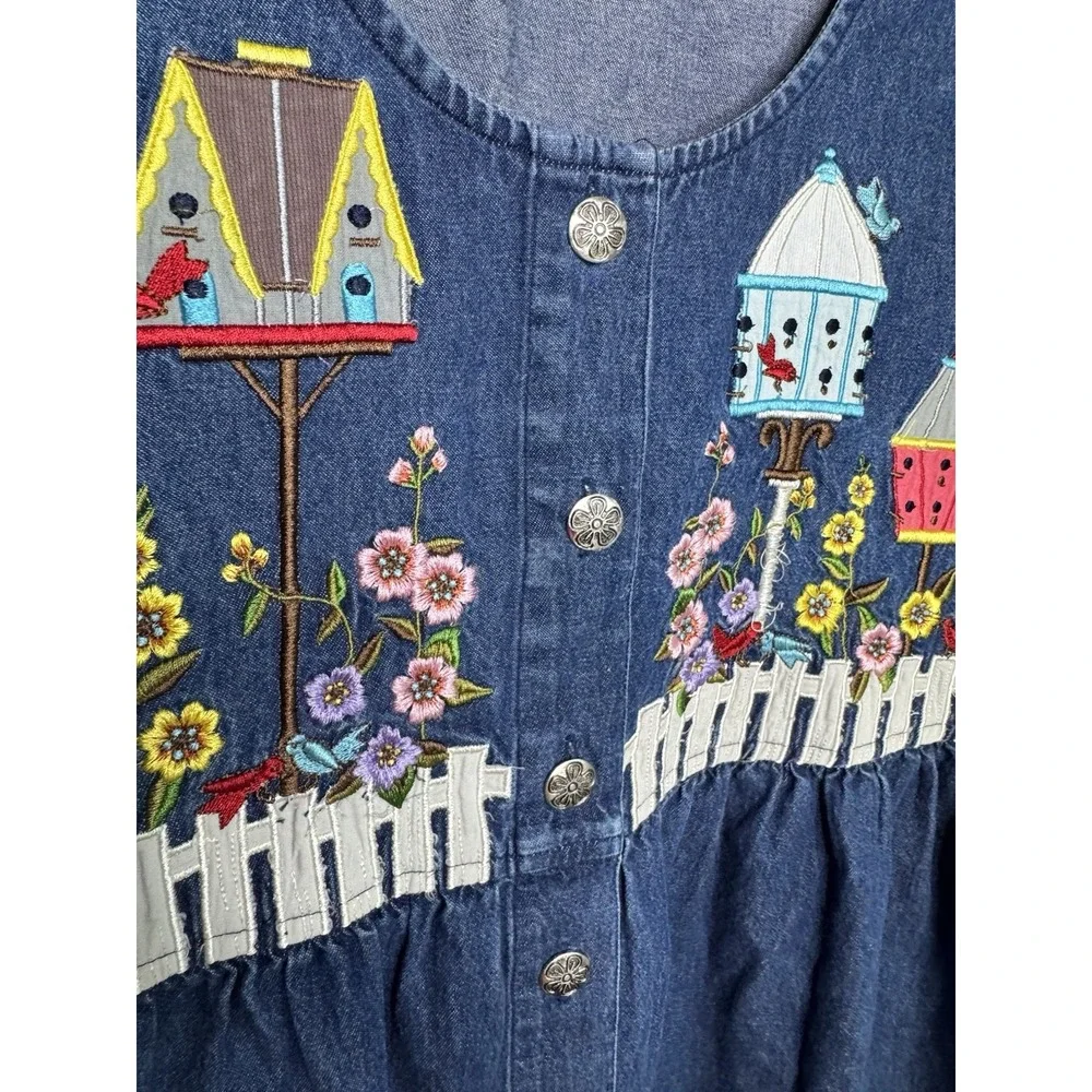 VTG Bechamel Grandmacore Farmcore Embroidered Chambray Button Up Dress Jean Sz M